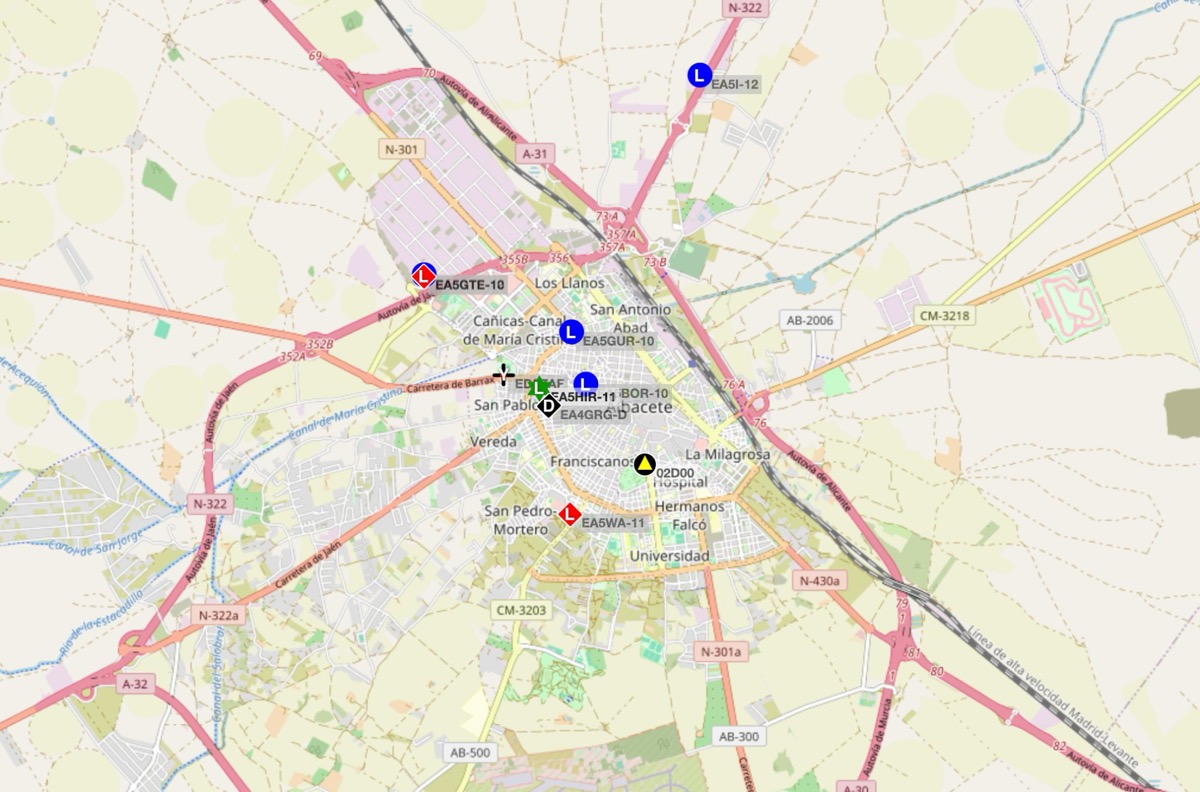 Mapa de estaciones APRS LoRa activas en Albacete y alrededores